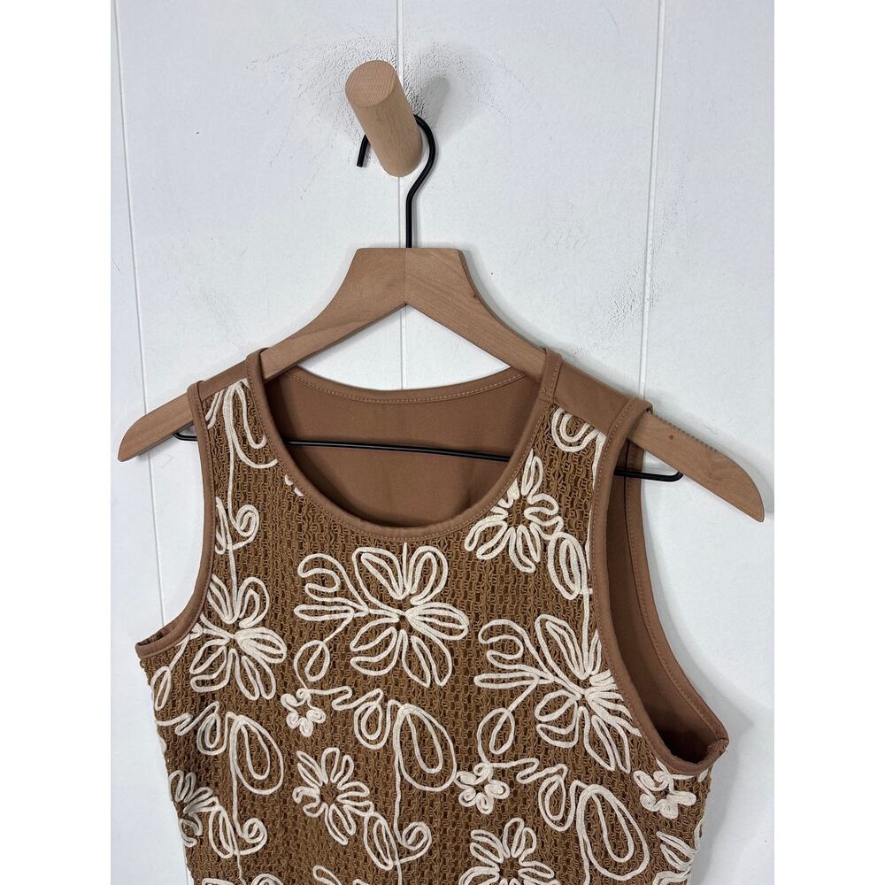 Floral Crochet Cropped Tank Top Large Tan White Wildflower Boho Beach Cottage - Picture 2 of 7